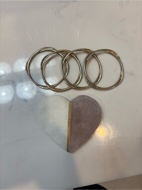 Gold Bangle Bracelet Set with White and Mauve Heart Accent